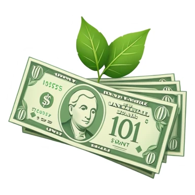 Minimal line-art icon of a money bill with a leaf symbol on the corner, clean modern style, simple outlines, slight 3D, no background, transparent, represents pure and ethical income. sticker