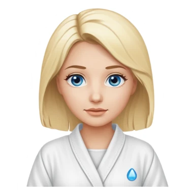 Blonde women wearing a white spa robe with blue eye pads under her brown eyes sticker