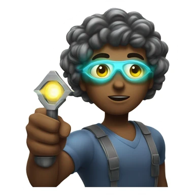 strong, focused figure with glowing eyes, holding a tool and pointing forward, surrounded by energy lines and a bright horizon symbolizing vision and success. sticker