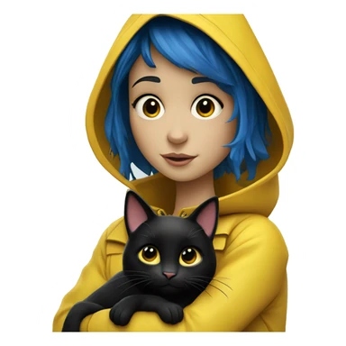 Coraline Jones 	•	“A brave young girl with short blue hair, wearing a yellow raincoat, jeans, and rain boots, holding a black cat, with a curious and adventurous expression.” sticker
