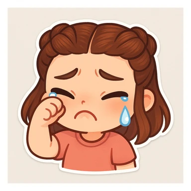 Create a chibi sticker of the girl from the reference image, crying with a pouty face, wiping away a tear, cute and expressive. sticker
