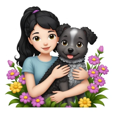 A beautiful girl with black ponytail and wearing short sleeves happily hugs a gray curly dog ​​in the flowers sticker