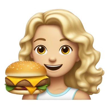 white girl medium length curly hair freckles birth mark on left side of neck eating a cheeseburger and cheesey bread  sticker