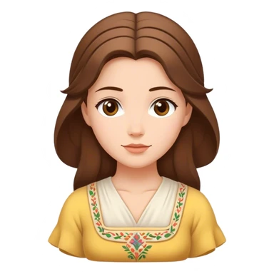 Cinematic Serene Belle Portrait Emoji, rendered in a simplified vector style. Depict a gentle Belle (chest and above) with fair, glowing skin, softly cascading brown hair, and a calm, inviting expression, dressed in her traditional village dress. The image exudes a soft, luminous glow and is outlined with a subtle, warm light. sticker
