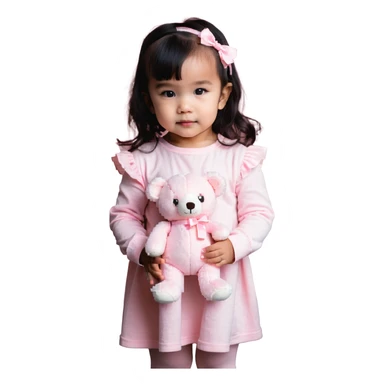 cute toddler girl with pastel pink clothes holding a pink teddy bear sticker