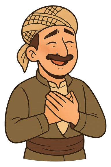 Kurdish man or woman in jamadani, cartoon style, feeling grateful, hands on chest, warm smile, no text sticker