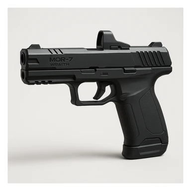 photorealistic hyper-realistic 3D render of a compact futuristic semi-automatic handgun named MCR-7 Wraith, sleek matte-black finish, angular slide cuts, low-profile integrated reflex sight, polymer frame with subtle texturing, ergonomic grip, slightly extended barrel with built-in compensator and side vent ports, minimal external controls, magnetic slide lock, smooth futuristic magazine well, smart sensor panels near trigger guard, neutral side view on clean white or grey background, soft shadow under the gun, modern tactical sci-fi style sticker