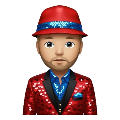 Fred Durst with sequin cream suit jacket with black shirt, red sequin hat, blue eyes, dark blonde hair sticker