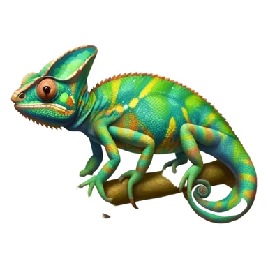 Giant chameleon on a branch, blending with vibrant greenery. Detailed scales in shifting colors, showing the chameleon’s ability to camouflage. Soft natural light highlights its texture. Nature background with leafs aтв адщцукы. Lush jungle background with vivid foliage, transparent background. sticker