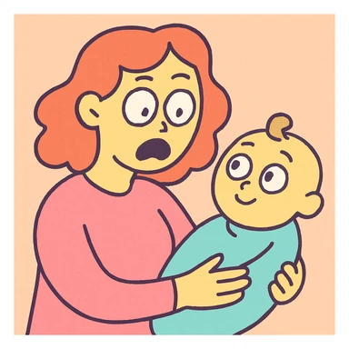 a mother looking at her child with shocked eyes, soft pastel tones, gentle style sticker