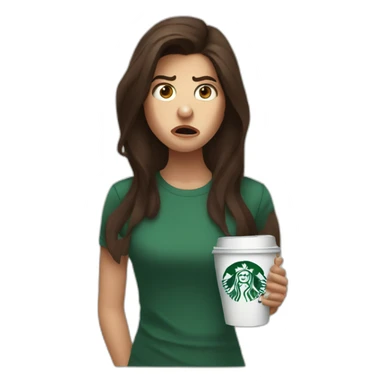 upset angry stressed anxious brunette girl holding starbucks sticker