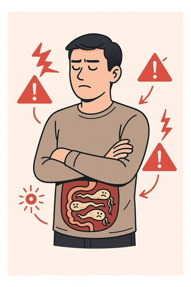 uomo che ignora i suoi un mal di testa, mal di schiena e dolore articolare e ignora ogni segnale e messaggio che il corpo manda per avvertirlo, ma alla fine dipendono tutto dai parassiti intestinali  sticker