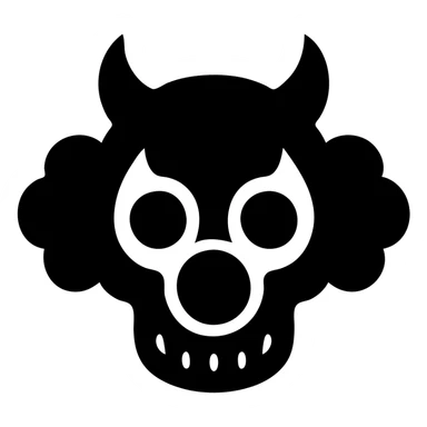 solid black icon, clown skull with devil horns and a round nose sticker