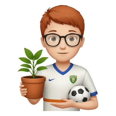 young boy wearing glasses, wearing soccer uniform, holding a plant pot sticker