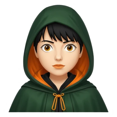 traitor tv show, person wearing dark green cloak with hood up who looks like claudia winkleman orange skin tone and thick black fringe no orange on the cloak  sticker