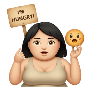 Una señora gorda con cabello negro y p olo corto con un letrero de tengo hambre sticker