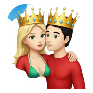 Blonde Queen with crownGreen eyes in Bikini kissing Male subject without crown black hair blue eyes Background sky sticker