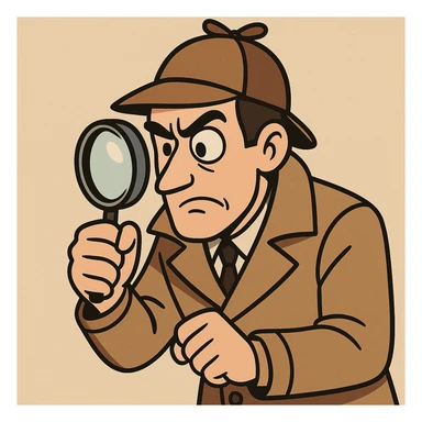 an investigator wearing a coat, examining something closely with a loupe, detective style, cartoon style, classic detective look sticker