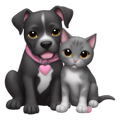 Grey pitbull puppy and black cat cuddling with pink hearts  sticker