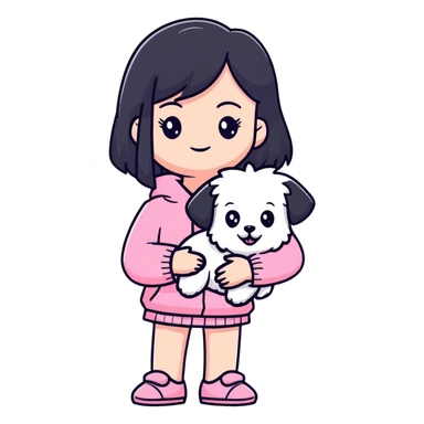 Beautiful girl with long straight black hair, fair skin, wearing pink clothes, holding a pure white fluffy Maltese dog sticker