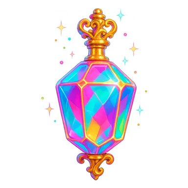 luxurious crystal elixir bottle in colorful chewing gum style, bright colors, lots of glow, edges, ornaments, golden details, magical effects, very small golden neck, transparent background, beautiful connected bottom, clearly floating in air, no base or shadow, premium class impression, playful, colorful, matching a collection of crystal, luxurious, magical bottles sticker