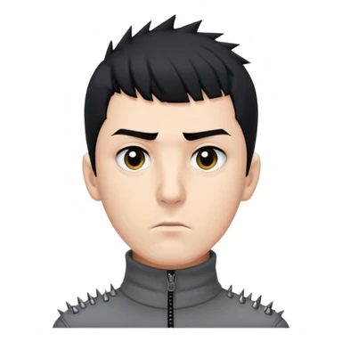 Es hombre, tiene piel clara, pupilas de color negro. Ojos rasgados, nariz tipo botoncito y pequeña. Cabello negro con varios picos y flequillo que cubra su frente. Además de que este serio. Utilizando una camisa gris de cuello alto, cerrada y cierre negro. sticker