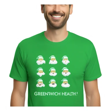 Santa wearing green t shirt. T s-shirt has words ‘Greenwich Health’ written in white letters  sticker