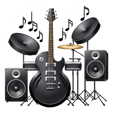 Icon for R&B Music Listening: large concert speakers with waves of musical notes coming out, along with a bass guitar, drum kit, and synthesizer. The icon should convey the energetic and rhythmic vibe of R&B music. Transparent background. sticker