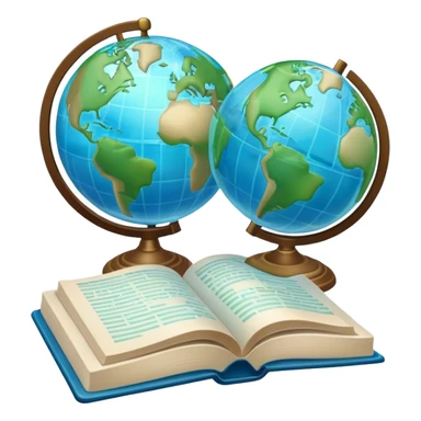 Create an emoji representing language translation. The design should feature just one globe in the background, symbolizing international communication. In front of the globe, place two opened books with texts on them and a pen nearby to indicate the act of writing. Use a clean and professional color palette with blues, greens, and neutral tones. Make the background transparent. sticker