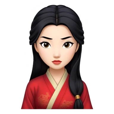 Cinematic Realistic Mulan Portrait, depicted with lifelike skin texture, soft natural lighting, and intricately detailed long black hair styled elegantly. Her deep, expressive eyes exude determination and grace, complemented by a serene yet confident expression. She is dressed in her classic attire, with rich fabric textures and delicate folds that catch the light beautifully. The portrait features a soft, enchanting glow with a natural, radiant finish, capturing the essence of timeless strength and beauty in a realistic and painterly style, evoking a sense of depth and authenticity. sticker