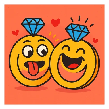 pair of wedding rings with faces, one making a silly face and the other laughing, fun and lighthearted for wedding celebrations sticker