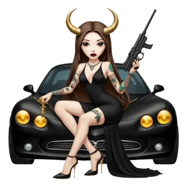 Sensual woman long brown straight haired sexy drug lord woman with tattoos on arm sleeves and black thick butt platform high heels on her feet, and devil black horns on her head, she is holding a skull head and a gun. Sitting on gold car full of gold , long black dress with sexy slit sticker