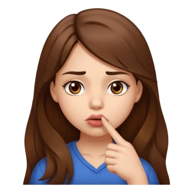 Emoji Fille cheveux long et brun yeux brun avec un doigt dans la bouche que la mains sois plancher vers en bas et que elle regarde comme si elle est coquine  sticker