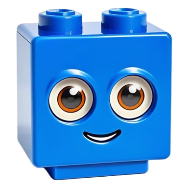 A bright blue Lego building block with big eyes and a happy expression sticker