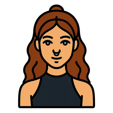 minimal icon of a woman with brunette half-up long wavy hair, blue-grey eyes, black high neck tank top, and a septum piercing, color outline style sticker