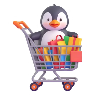 cute baby penguin pushing a shopping cart sticker