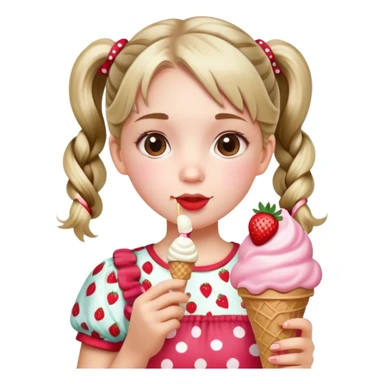 A cute girl with pigtails, wearing a strawberry-patterned top, holding an ice cream. sticker