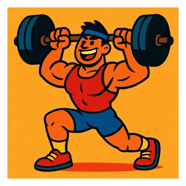 A muscular cartoon character lifting weights, dynamic and colorful sticker