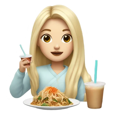  Blonde long hair girl eating Korean food and drinking boba sticker