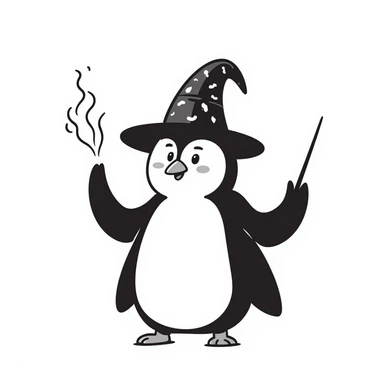 hand-drawn penguin with wizard hat and wand casting magic sticker