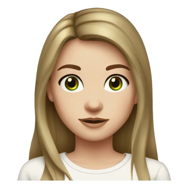 white girl. long brown hair with curtain bangs. freckles. long sleeve plain white shirt. gold necklace. dark green eyes. white shirt. sticker