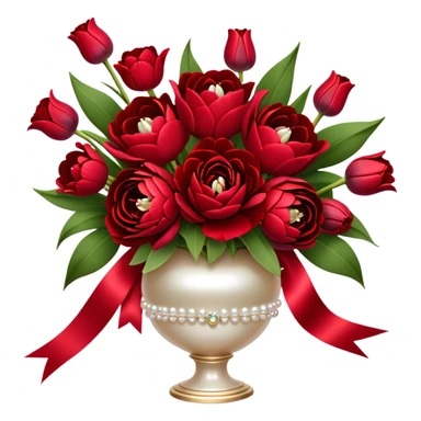 "A luxurious bouquet featuring deep red roses, vibrant red tulips, lush red peonies, and delicate red pansies, all tied together with elegant pearl-colored silk ribbons, arranged in a stunning crimson glass vase, set against a softly lit background."
 sticker