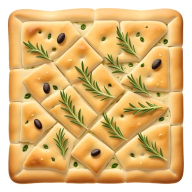 Focaccia Cinematic Realistic Focaccia Bread Dish Emoji, depicted as a golden, olive-oil brushed flatbread sprinkled with herbs, rendered with lifelike textures and warm, inviting lighting. sticker