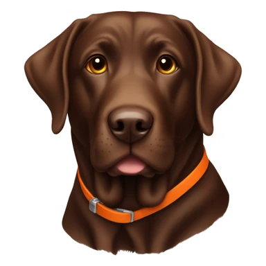 Chocolate Lab with an orange collar sticker
