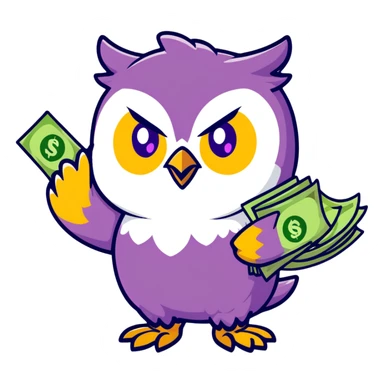 wealth luck symbolizing owl character, large green eyes, golden feathers, holding a money pouch in its feet, pastel tones, sticker style, rounder and cuter sticker