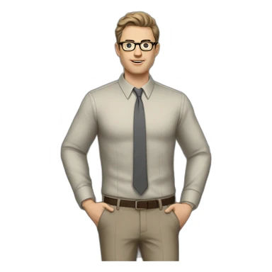Full height Gesticulating Pale skinned fit man with dark brown hair in gray jacket, beige office shirt, brown tie, brown pants and vintage glasses. sticker