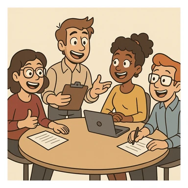 a friendly work team during a briefing, cartoon style, cheerful expressions, round table, light background sticker
