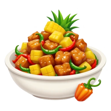 Sweet and Sour Pork with pineapple and bell peppers, simplified emoji style with bold outlines and bright colors, cartoon style Gu Lao Rou popular dish sticker