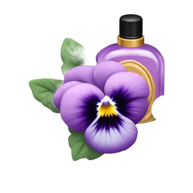 composition of aesthetically pleasing purple pansies, pastel pink daisies and a rosy vintage-style perfume bottle sticker