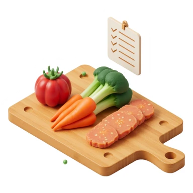 Ingredients on teh wooden cutting board with floating list  sticker